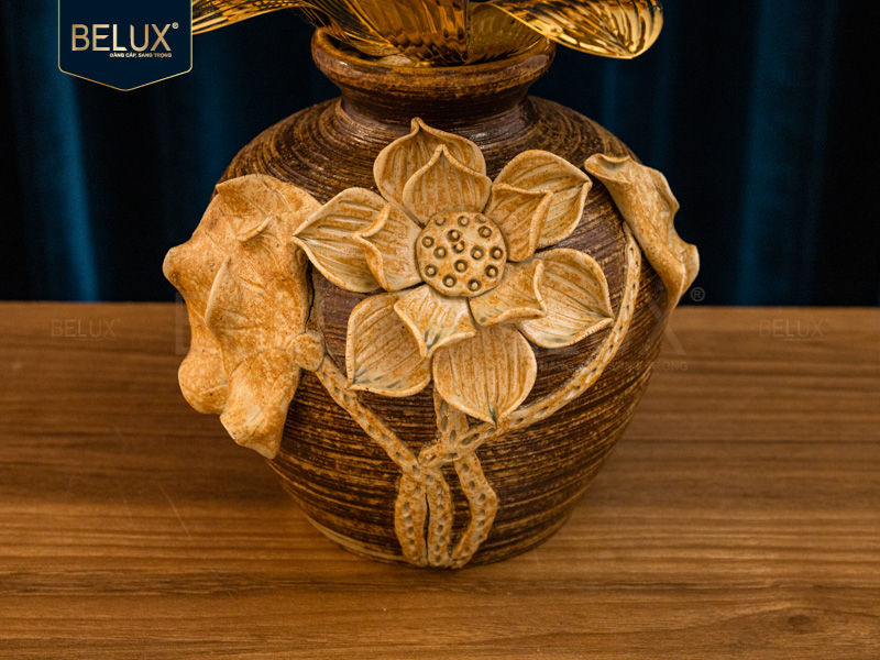 Chậu Lan Vàng Sen Mộc mạ vàng 24k cao 37cm